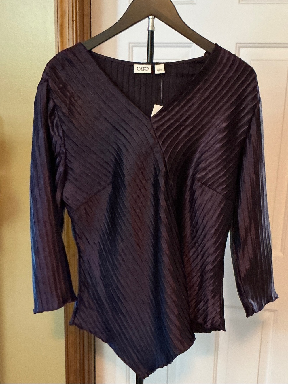 Cato Women's Dark Navy Diagonal Pleated V-Neck Blouse